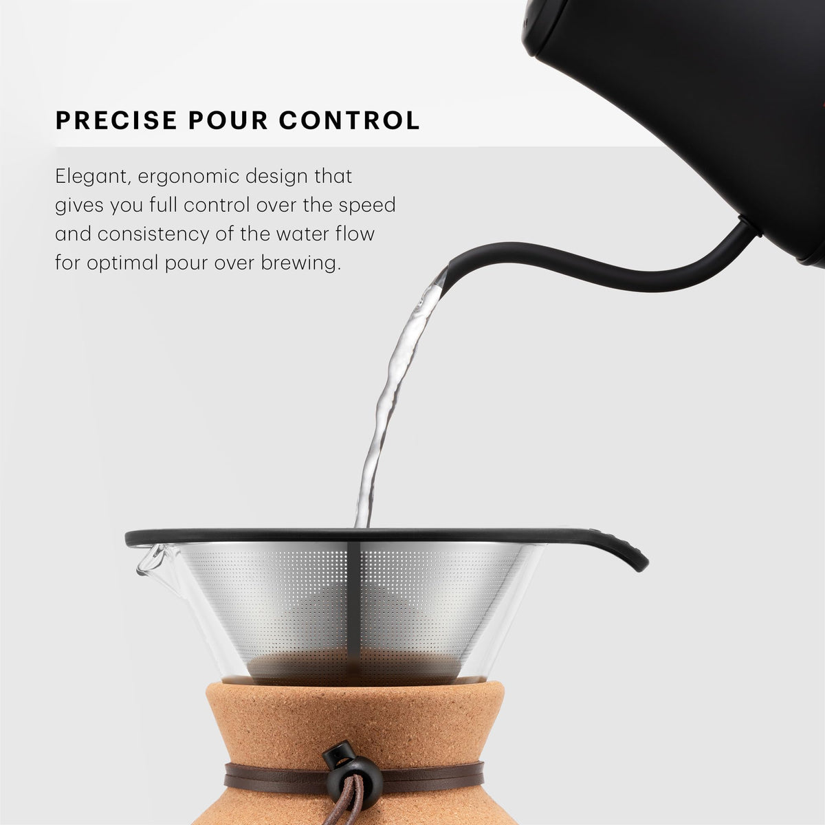 Bodum Bistro cork-handled kettle provides comfortable, non-slip grip during pouring.