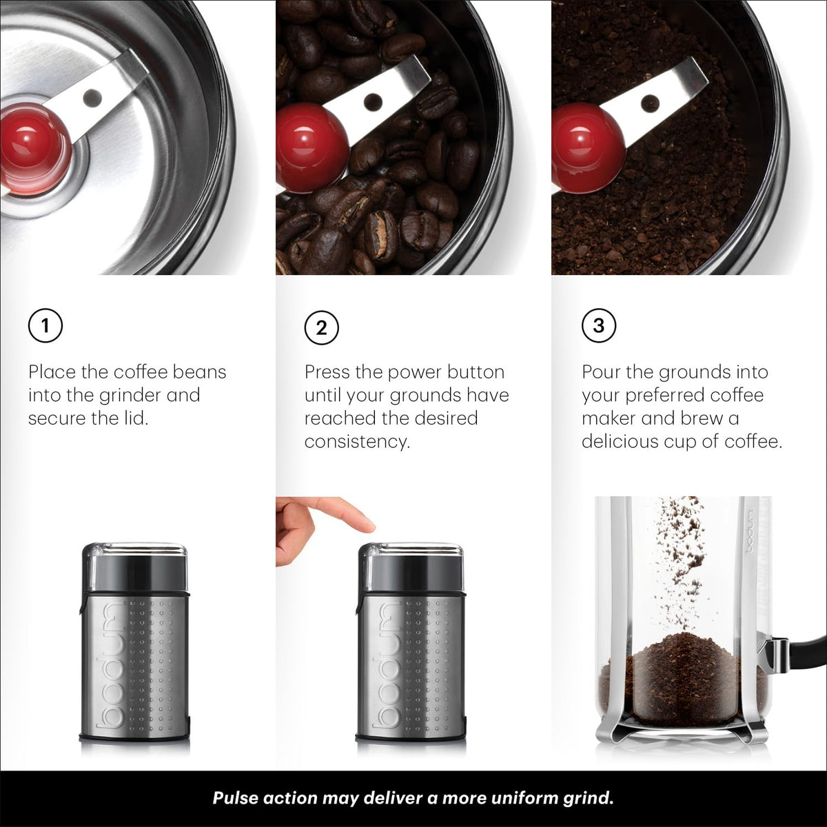 Bodum Bistro grinder with transparent lid lets you monitor grind progress