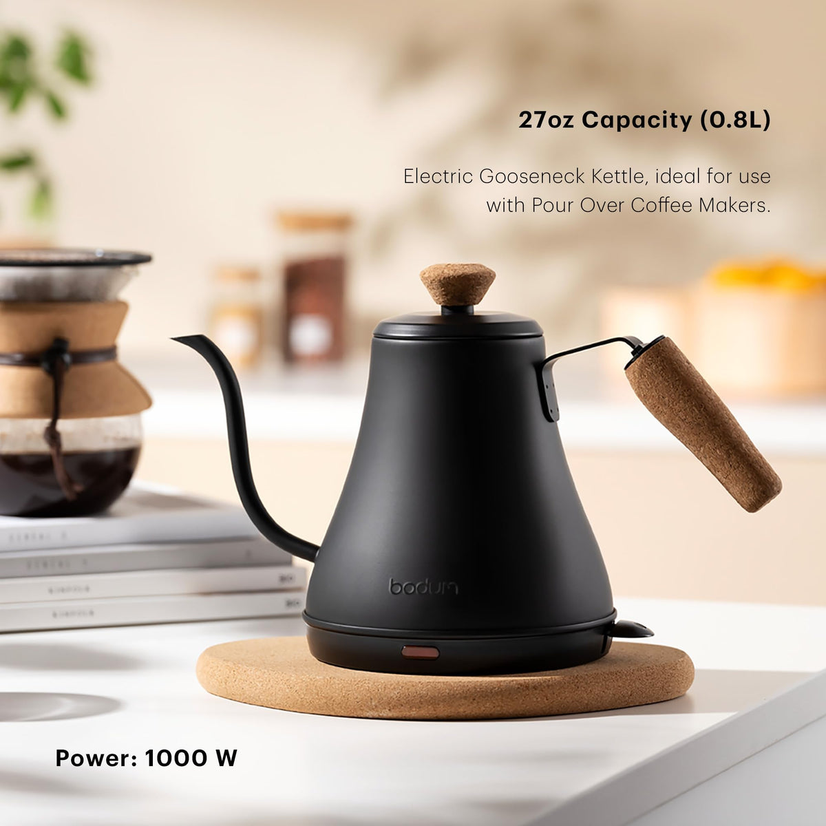 Bodum Bistro kettle shown in stainless steel with matte black finish for a stylish kitchen.