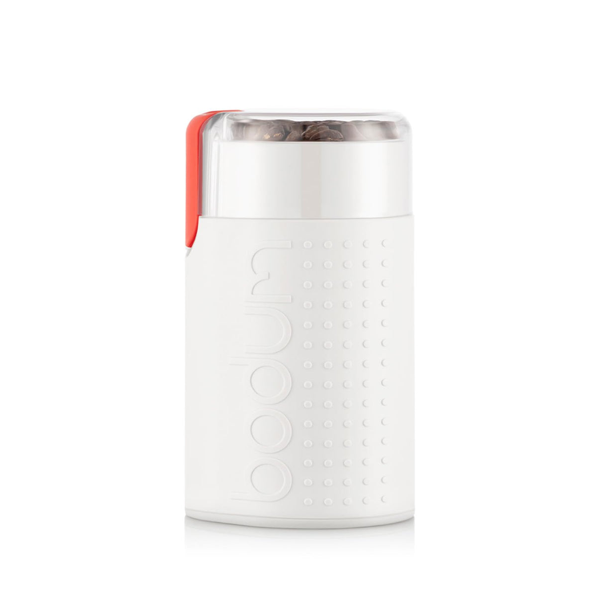 Bodum Bistro white grinder front view highlighting compact design for counters