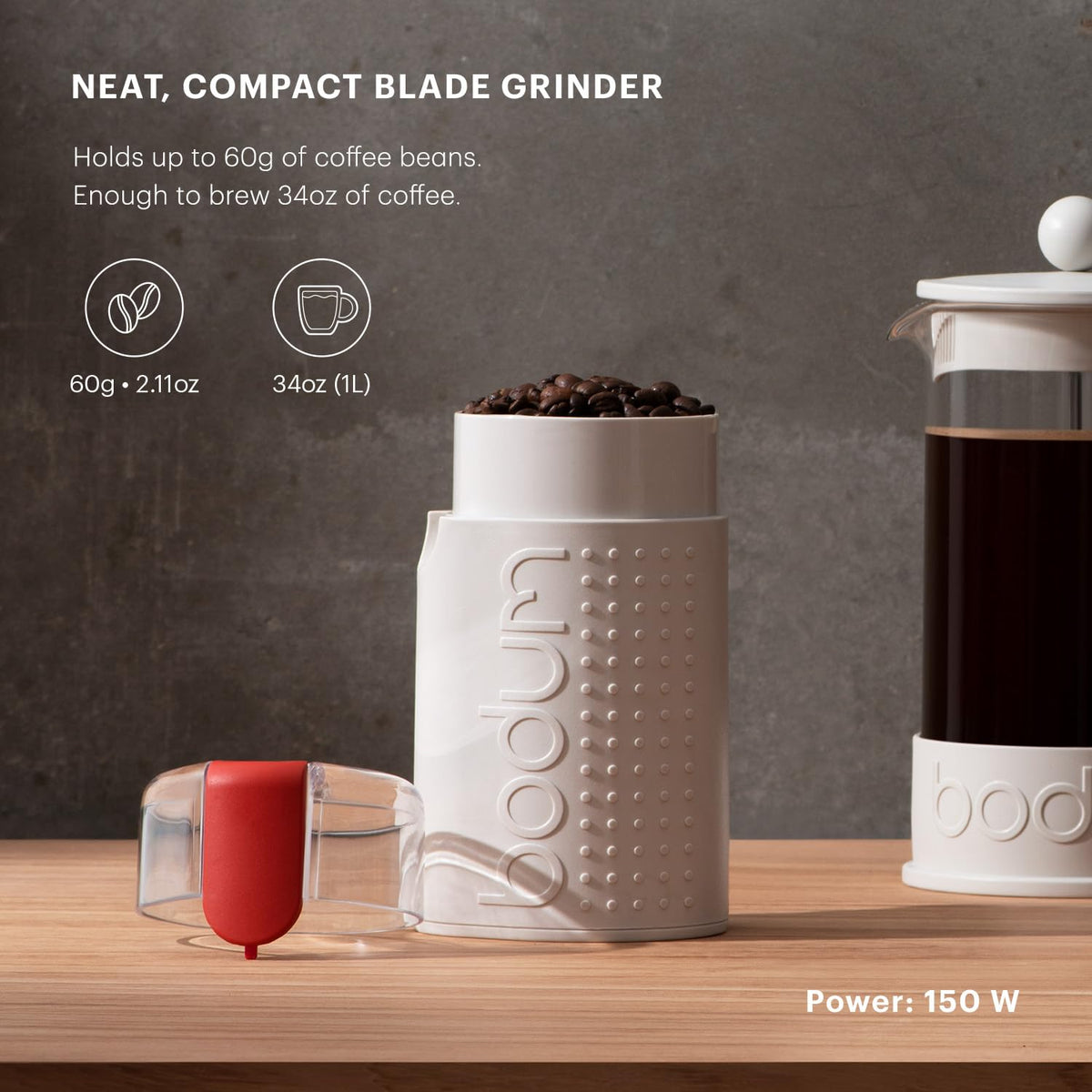Bodum Bistro white lid view shows transparent lid for grind visibility