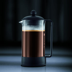 Bodum Brazil 34oz coffee setup with coarse-ground coffee ready for quick morning brew.