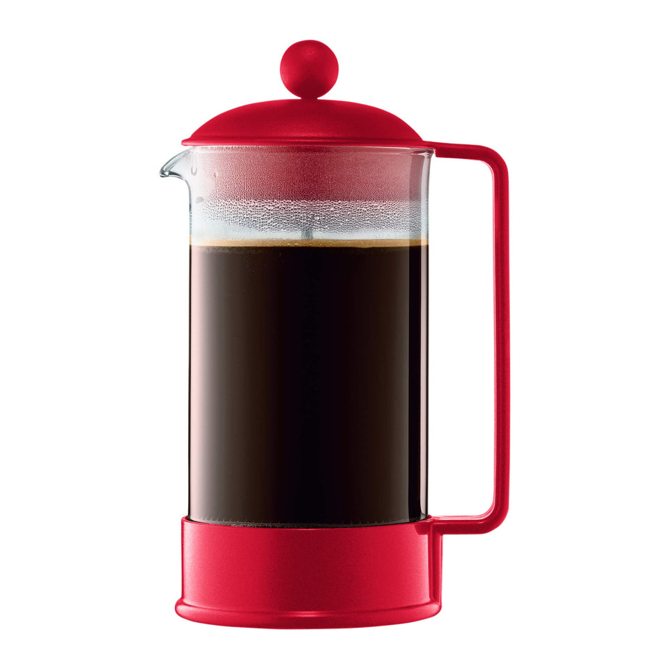 Bodum Brazil 34oz French Press red glass detail highlights durable borosilicate carafe for daily brews.