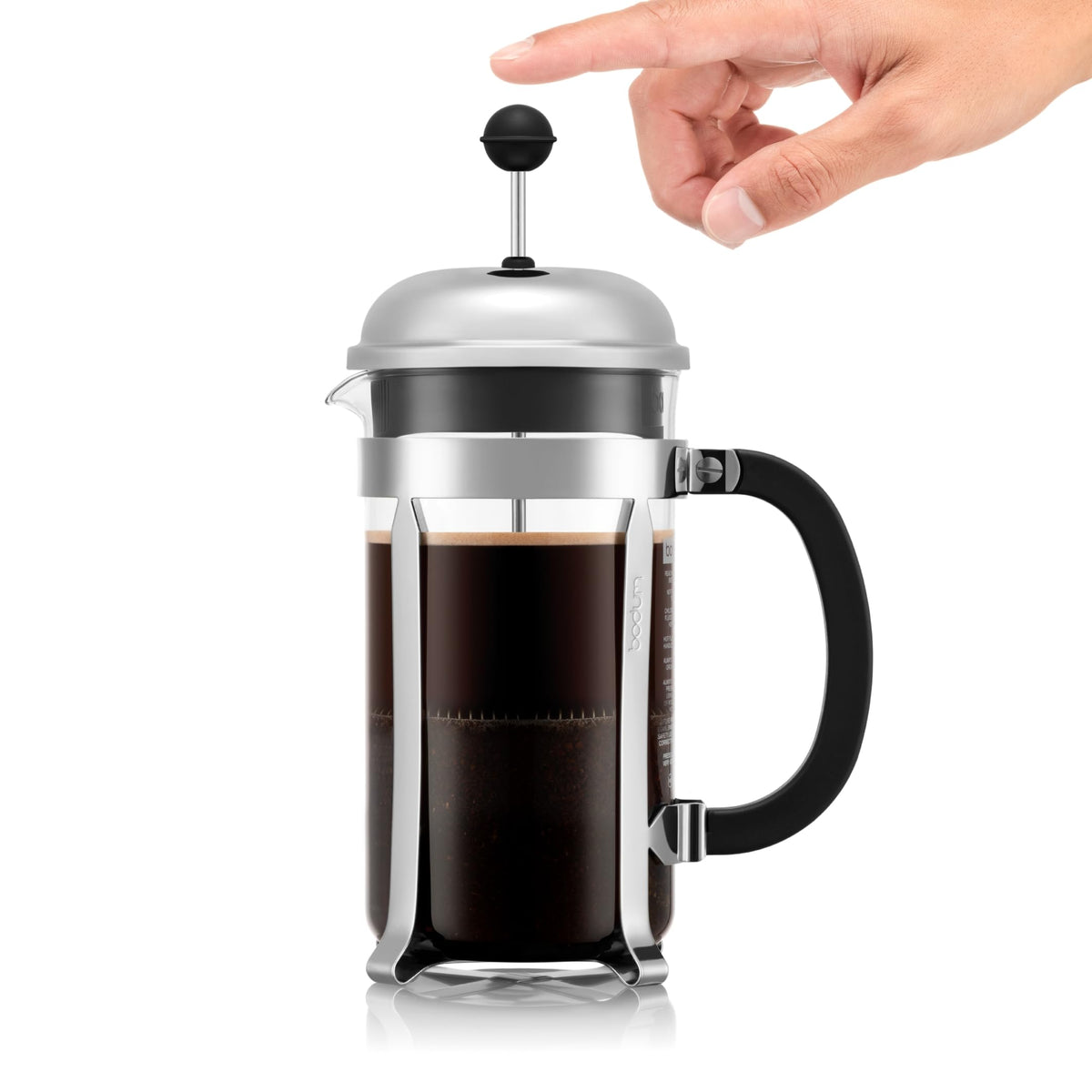 Bodum Chambord 34oz carafe in action showing a ready brew.