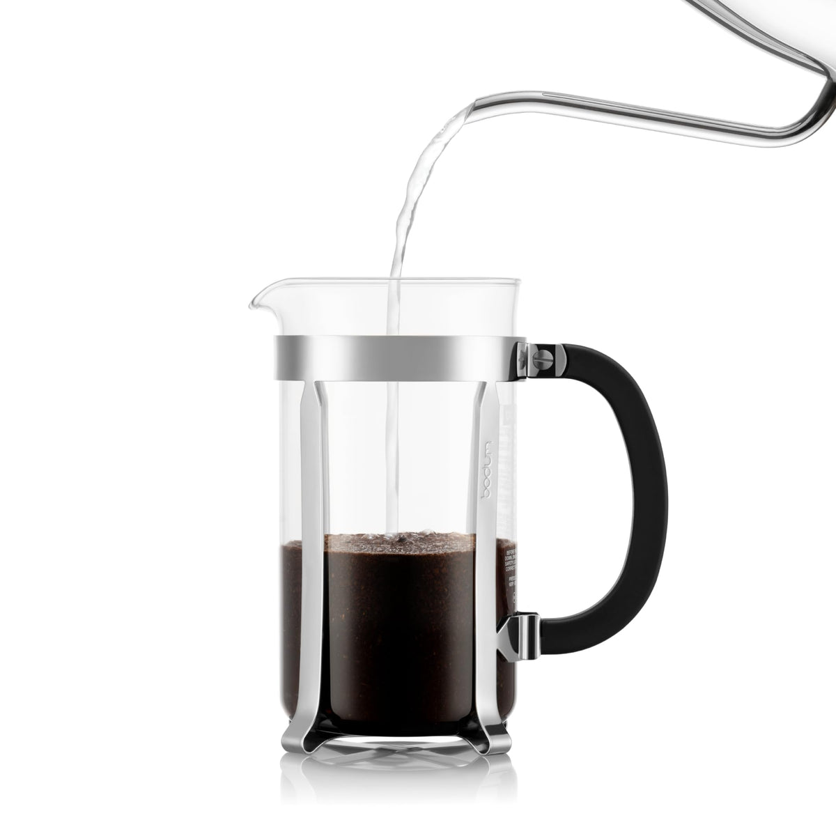 Bodum Chambord matte-black handle for comfortable pouring.