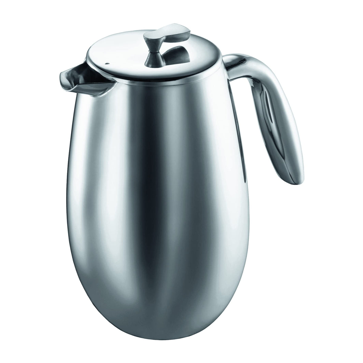 Bodum Columbia insulated French press with chrome finish preserves hot coffee.