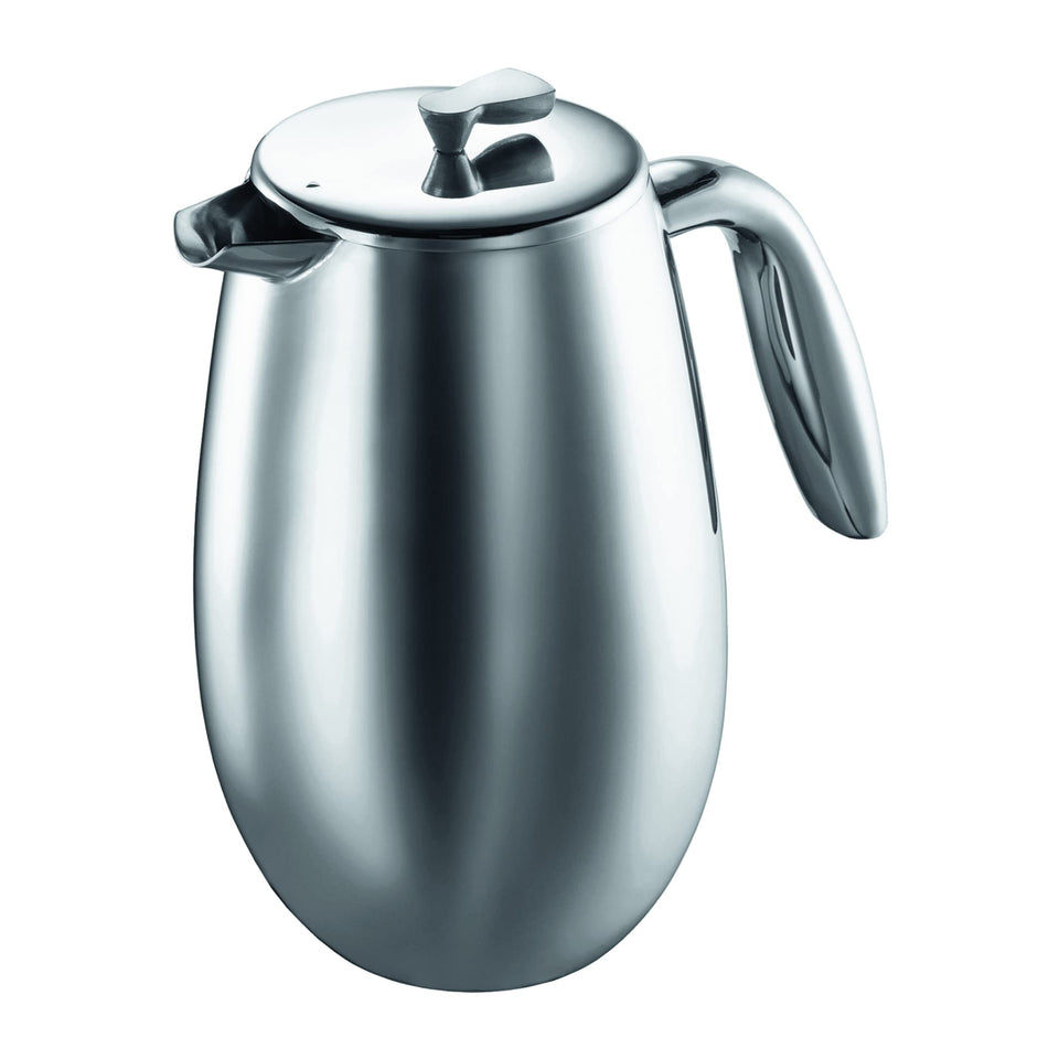 Bodum Columbia insulated French press with chrome finish preserves hot coffee.