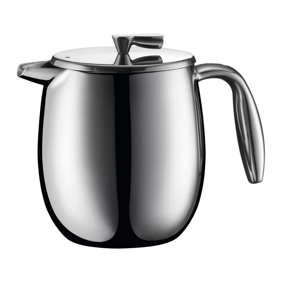 Bodum Columbia Thermal French Press chrome finish shows double-wall insulation for hot coffee
