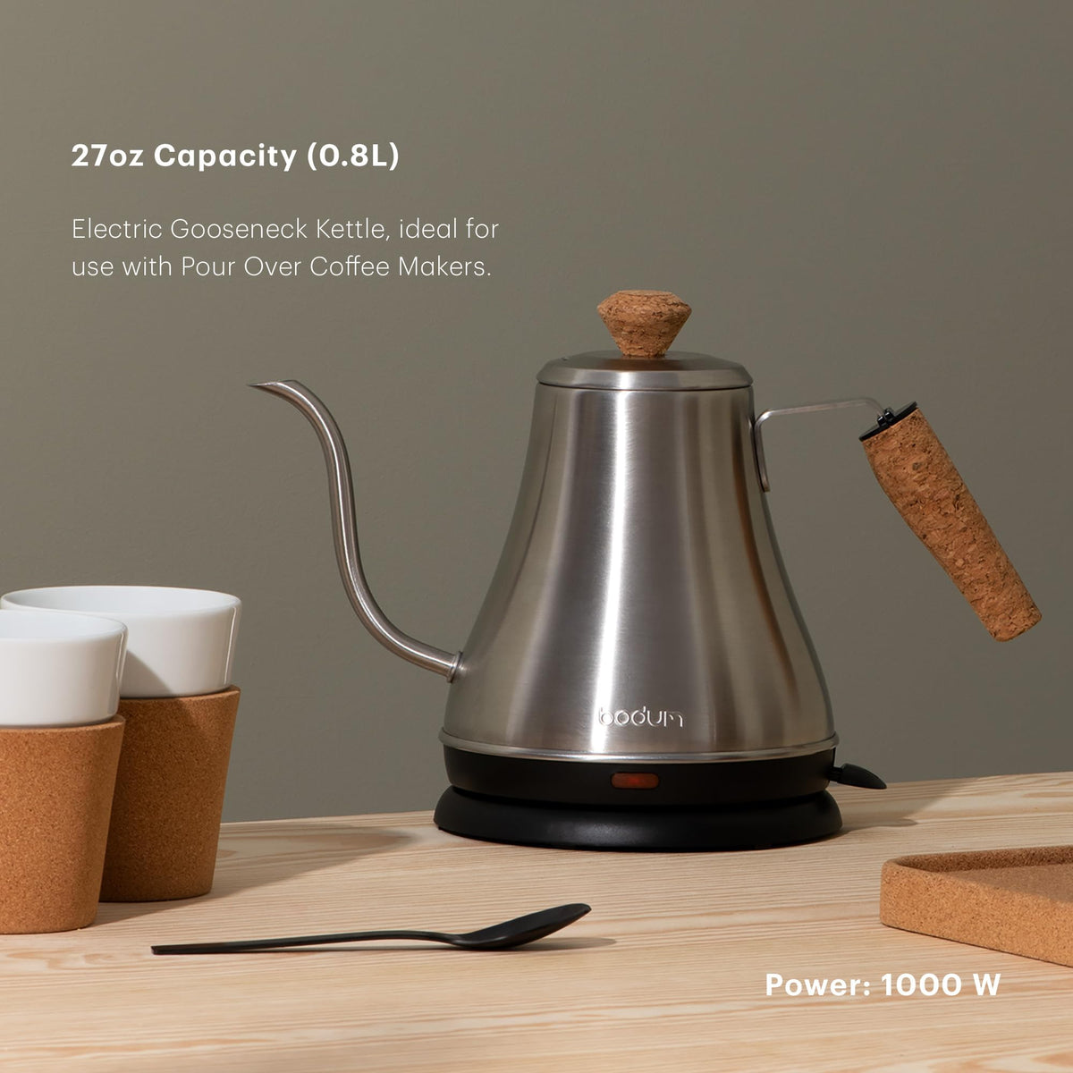 Bodum Melior cork-handled kettle offers ergonomic, non-slip pouring.