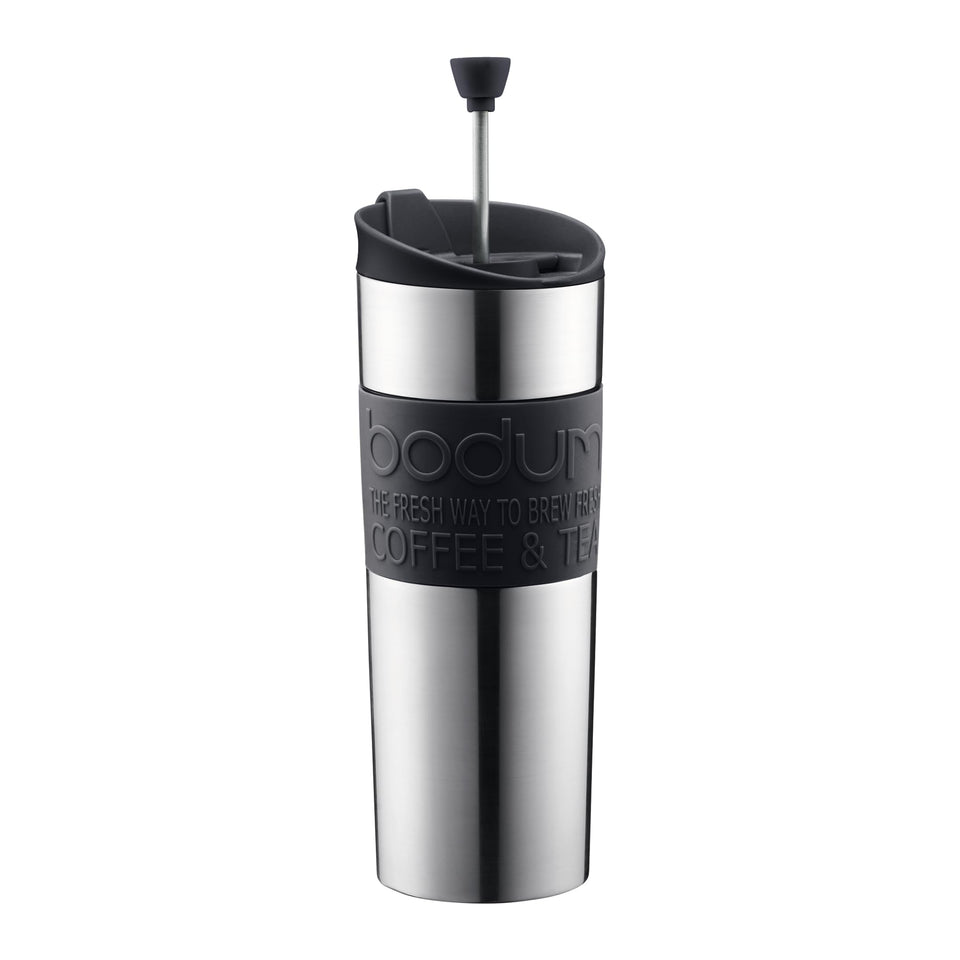 Bodum Travel Press 15oz black exterior keeps coffee hot or tea cold on the go