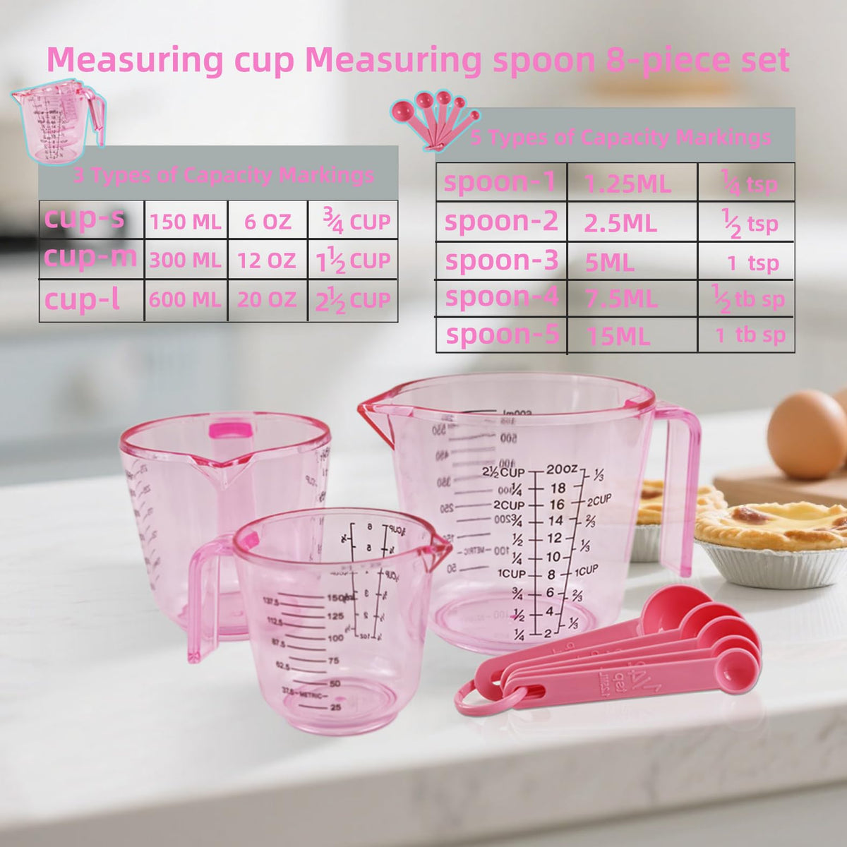 BOEYAA pink measuring cups 300ml ideal for medium portions and sauces