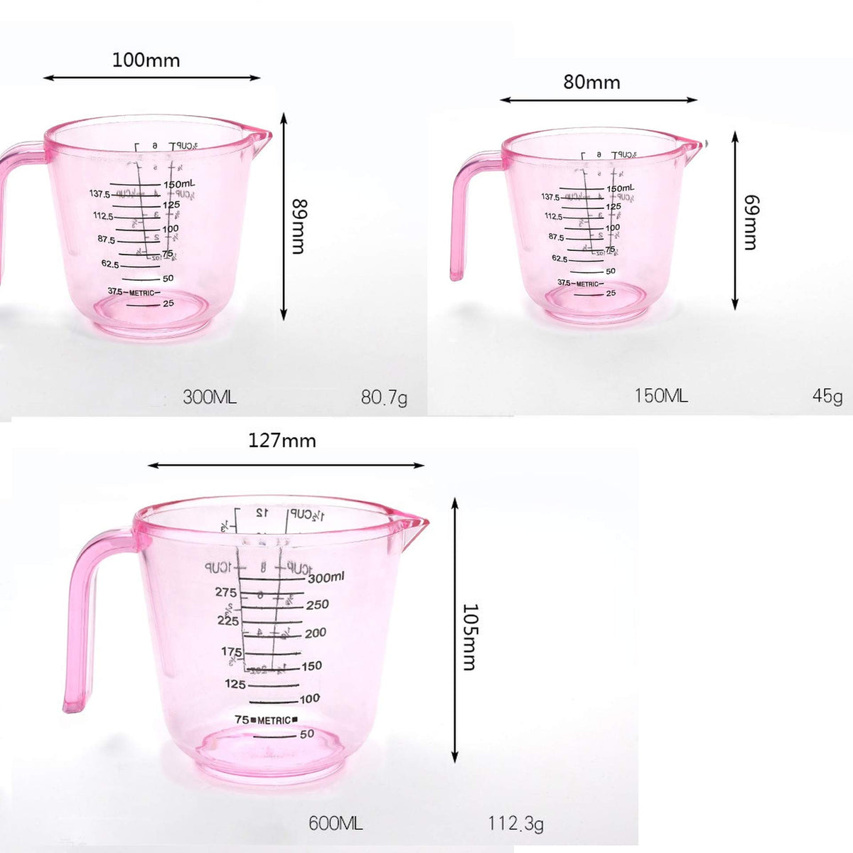BOEYAA 300ml pink plastic measuring cup with dual ml/oz scales for accurate recipes.