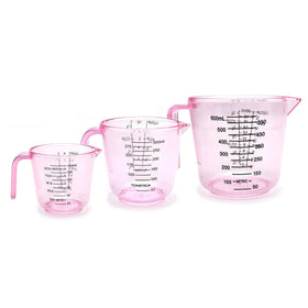 BOEYAA 600ml pink plastic measuring cup with handle for precise liquid measurements.