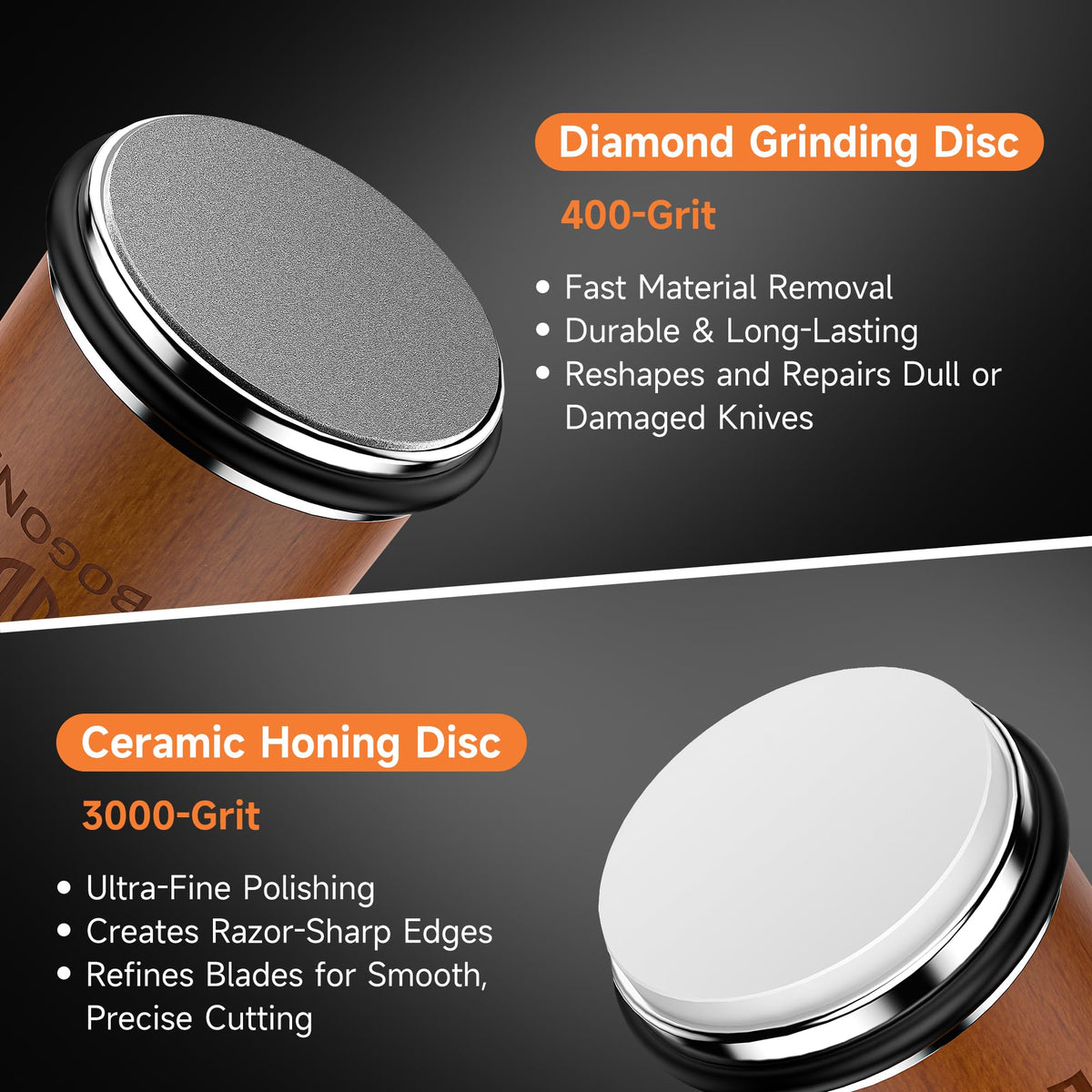 Bogoni ceramic disc polishing delivers ultra-fine refinements for a razor-like kitchen edge.