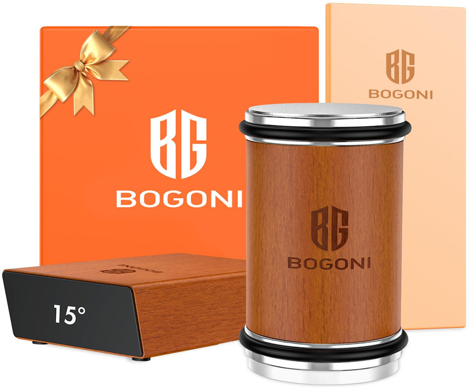 Bogoni rolling knife sharpener with wood base offering stable sharpening for kitchen blades.