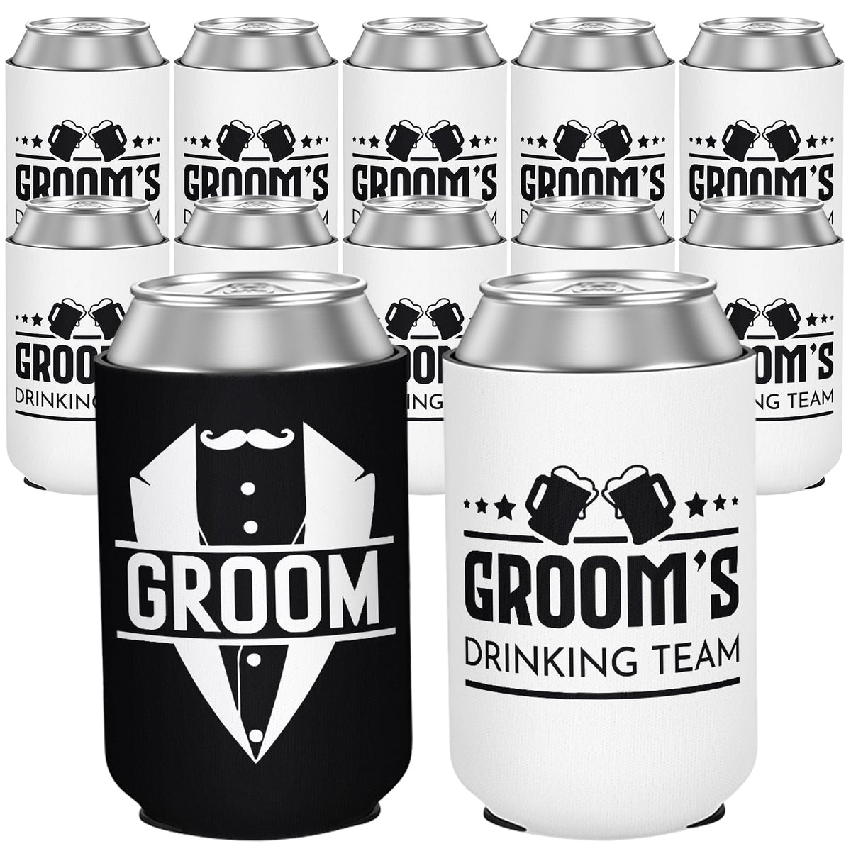 Bohaluo groom sleeve on a 12 oz can keeps drinks cold and dry hands.