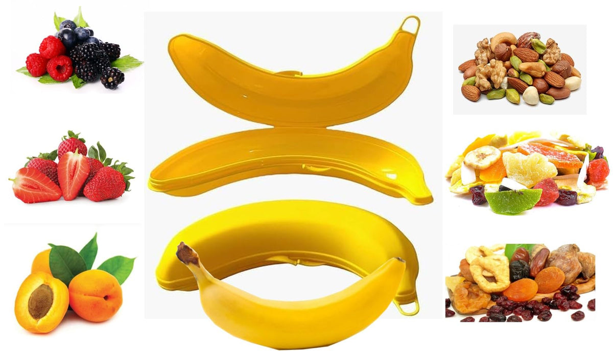 Two-pack yellow banana holder keeps fruit fresh and organized.