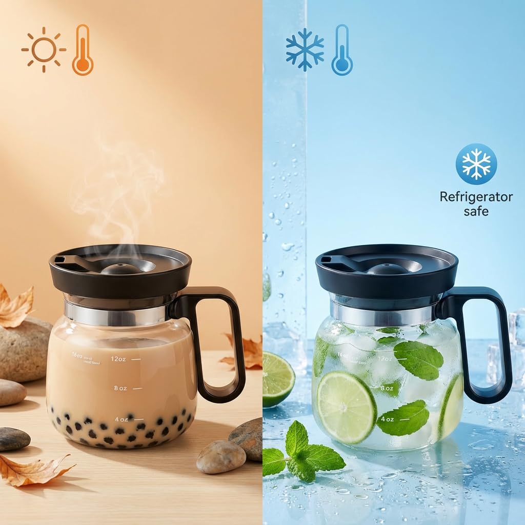 Bohodiy clear glass coffee pot mug highlights beverage color.