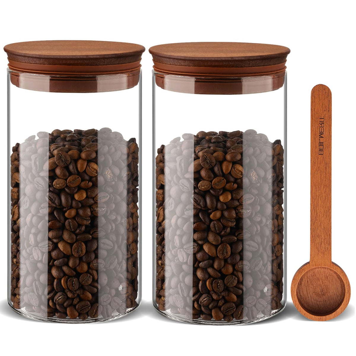 BOILMERIT 37 oz coffee canister with wooden lid on kitchen counter; stylish airtight storage.