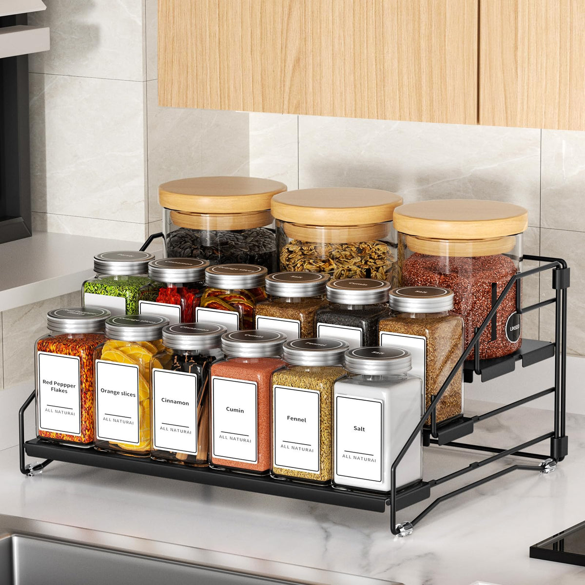 BOIVSHI depth-adjustment feature demonstrates customizable shelf spacing for different jars