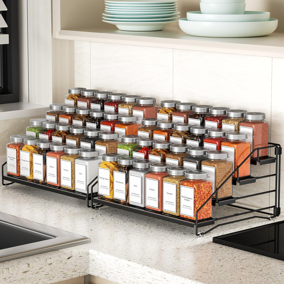 BOIVSHI 4-Tier Spice Rack side view demonstrates adjustable depth for compact cabinet storage.