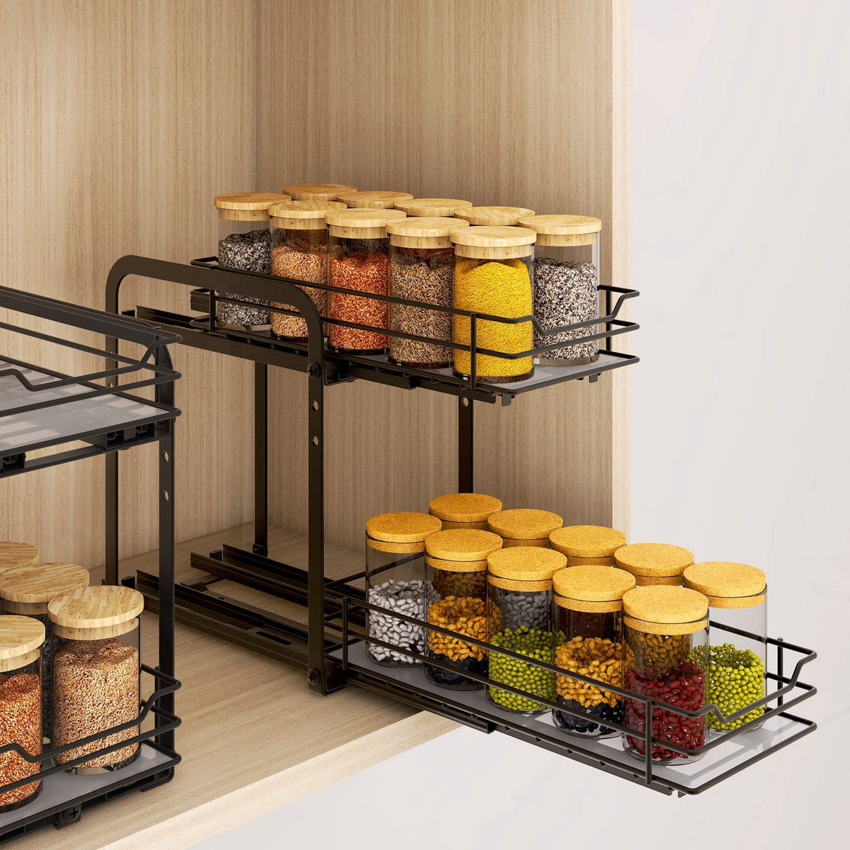BOIVSHI 2-tier pull-out spice rack in cabinet for easy access and space saving.