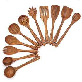 BOKALAKA 11pcs teak utensils set for versatile cooking with spoons and spatulas