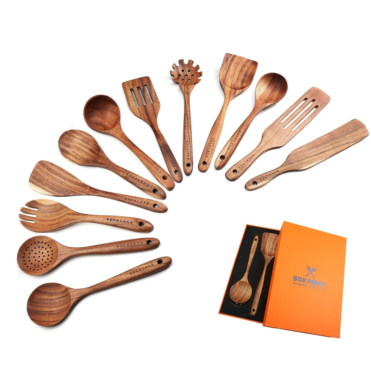 BOKALAKA 12-piece teak utensil set, built for durable daily use.
