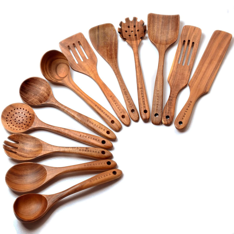 BOKALAKA 12-piece teak spoon set top view for durable daily use