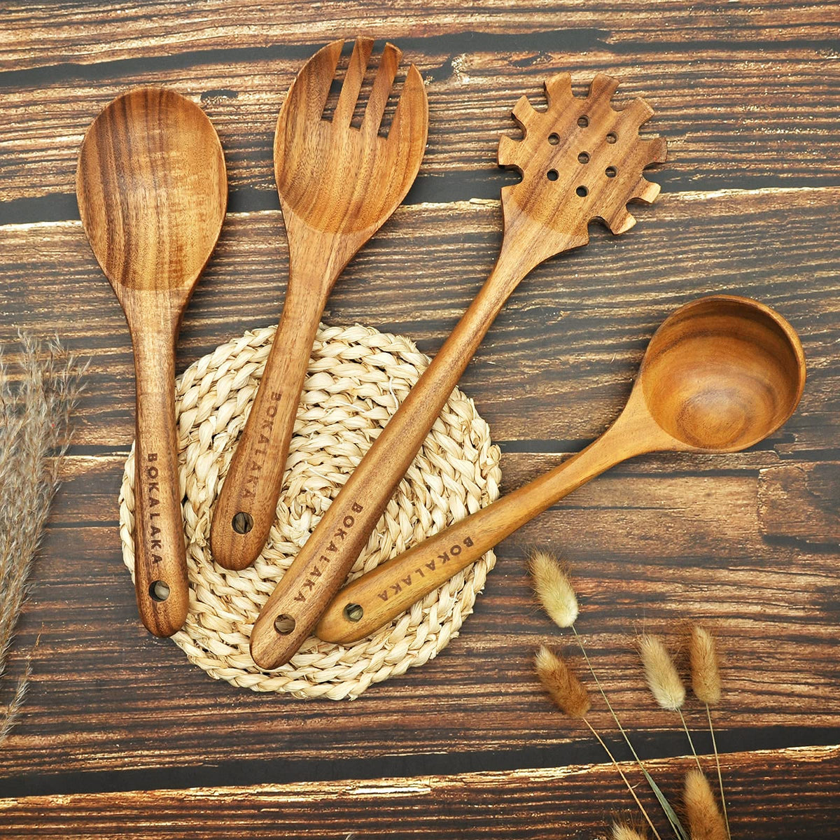 BOKALAKA teak-soup-ladle serves hearty soups with smooth pour.