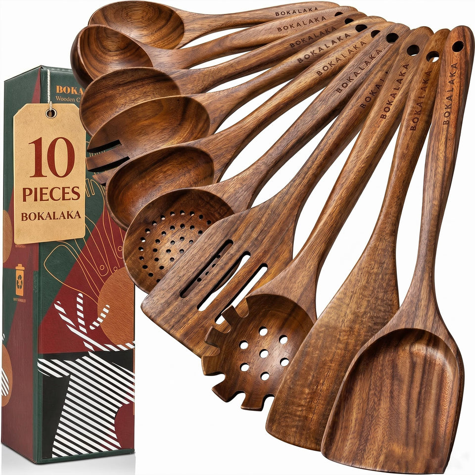 BOKALAKA teak wok spatula highlights natural grain and durability for daily cooking.