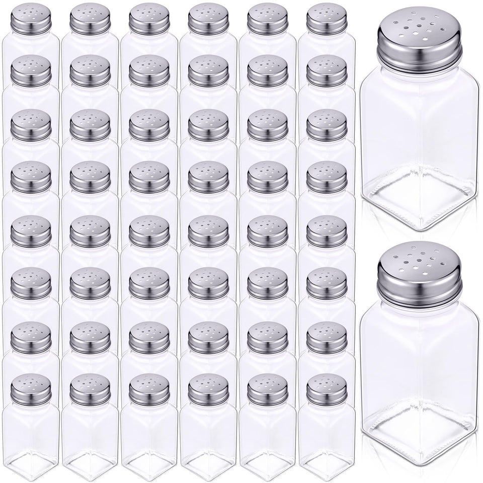 Bokon 48-pack glass salt shakers with stainless lids, ideal for bulk catering.