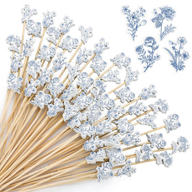 Bokon blue-white vintage flower design cocktail picks for elegant drink garnishes