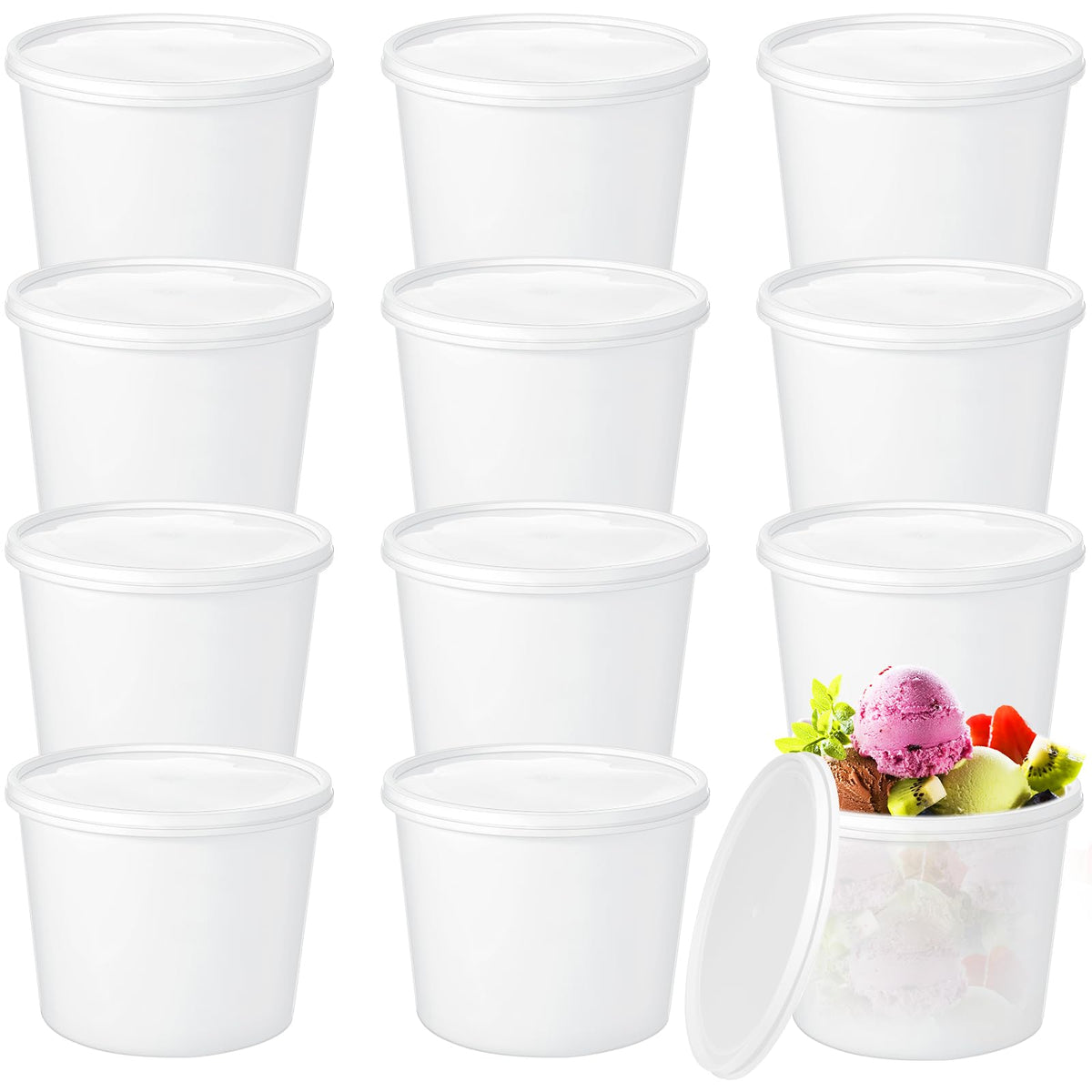 Bokon 12-pack ice cream buckets with lids show 135 oz capacity for party portions.