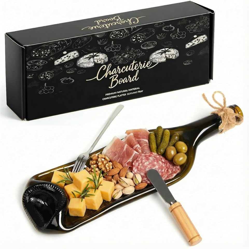 Bokon melted wine bottle board for stylish cheese and crackers at gatherings.