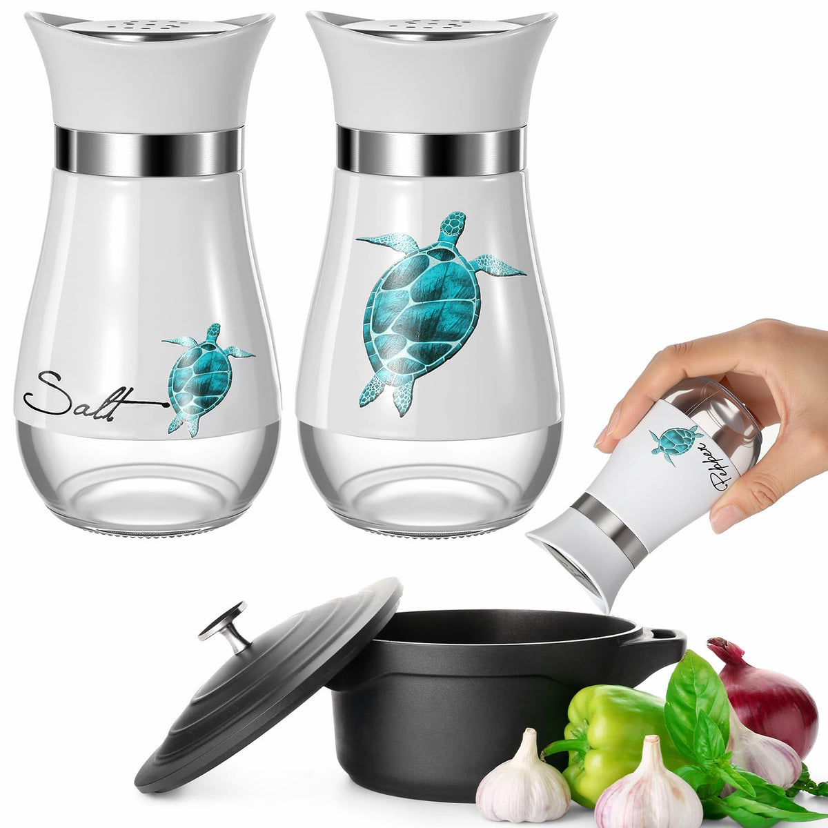 Bokon sea turtle salt shaker with glass base for easy refill visibility
