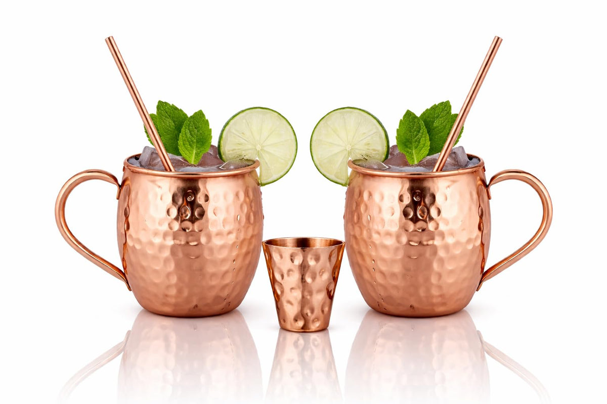 Bold and Divine Moscow Mule copper mug set of 2 for elegant cocktails and chilling.