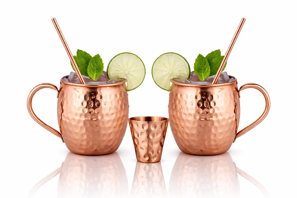 Bold and Divine Moscow Mule copper mug set of 2 for elegant cocktails and chilling.