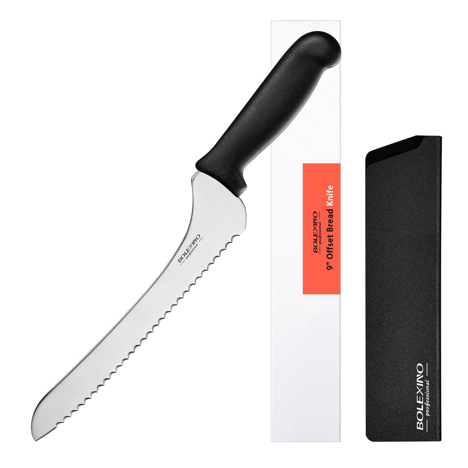 BOLEXINO 9-inch offset serrated knife slicing crusty bread smoothly.