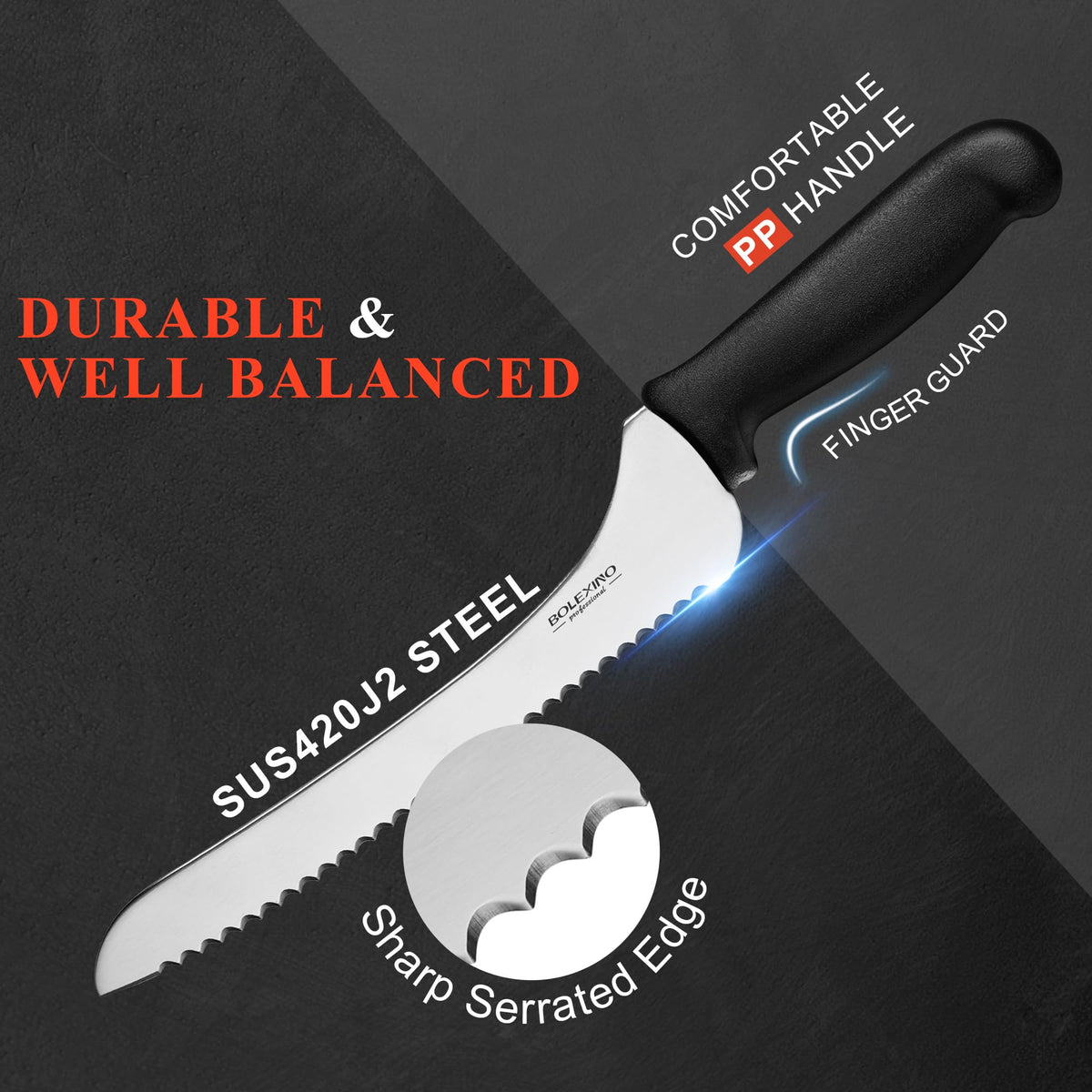 BOLEXINO bread knife with ergonomic handle provides comfortable grip.