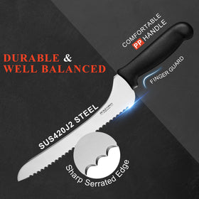 BOLEXINO bread knife with ergonomic handle provides comfortable grip.