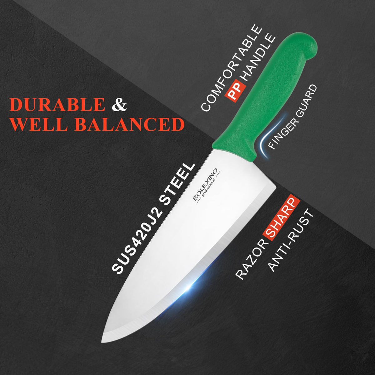 BOLEXINO ergonomic non-slip handle provides comfortable grip during prep.