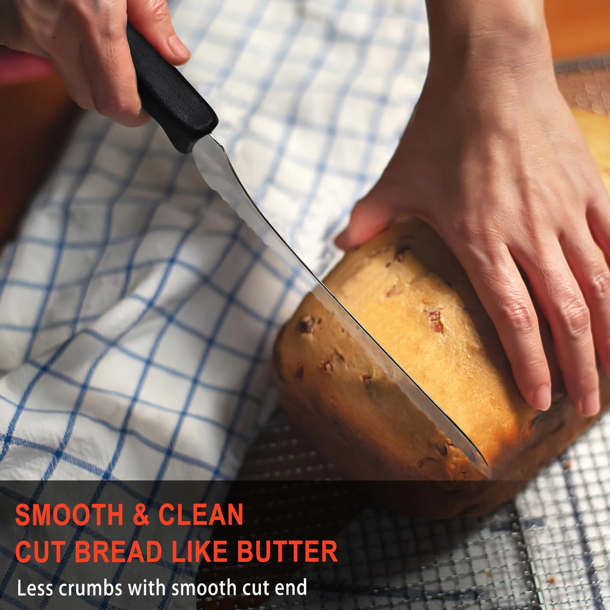 BOLEXINO versatile knife handles bread, cakes, bagels, and tomatoes with ease.