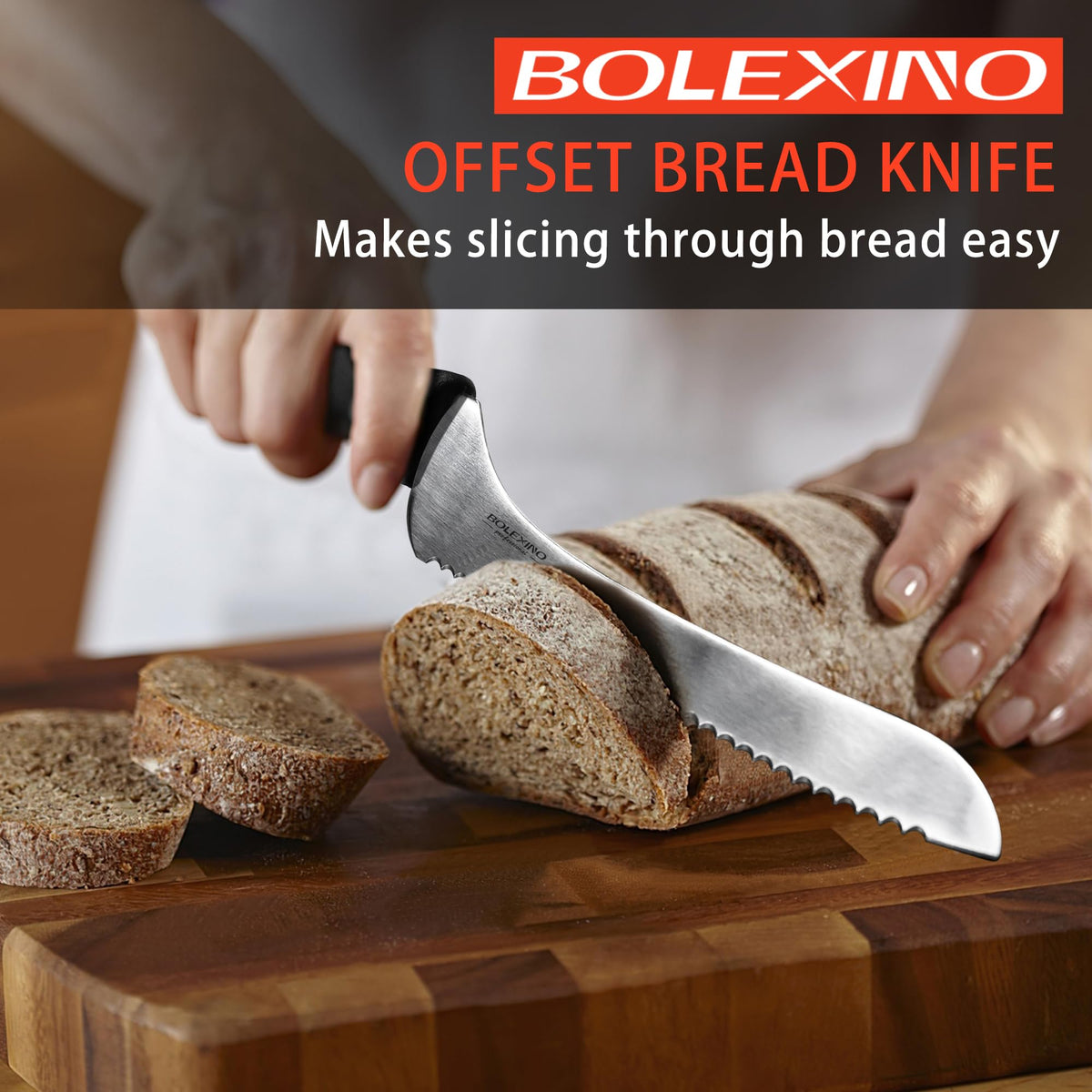BOLEXINO wavy-edge blade close-up cutting through crust without tearing.