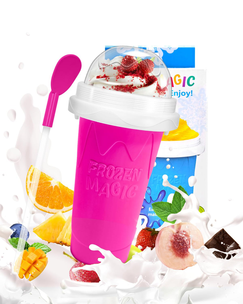 Bollove Slushie Cup pink with lid and straw for family on-the-go.