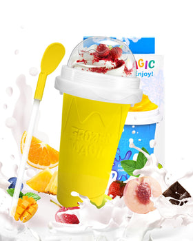 Bollove Slushie Cup with yellow lid and straw for on-the-go treats.