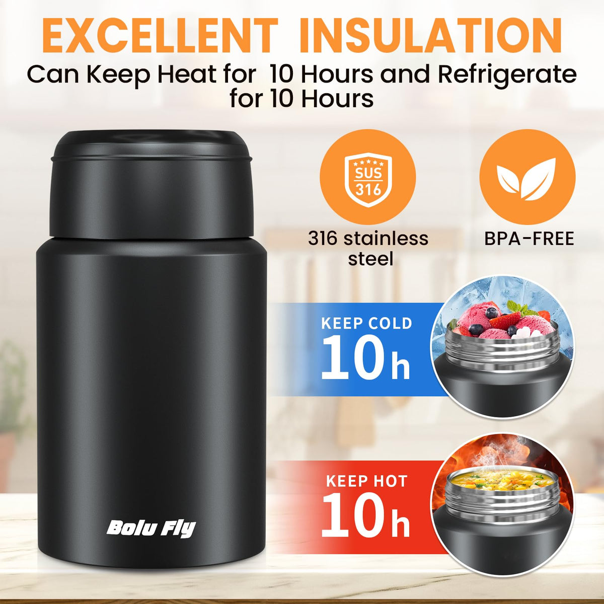 Bolu Fly 27oz insulated thermos keeps hot meals warm during commutes.