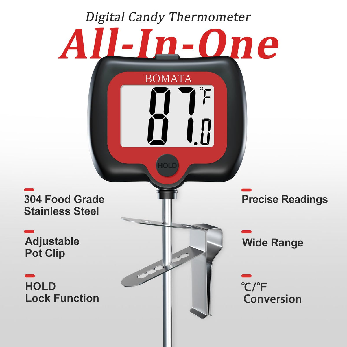 BOMATA thermometer for °C/°F and hold function for stable readings.