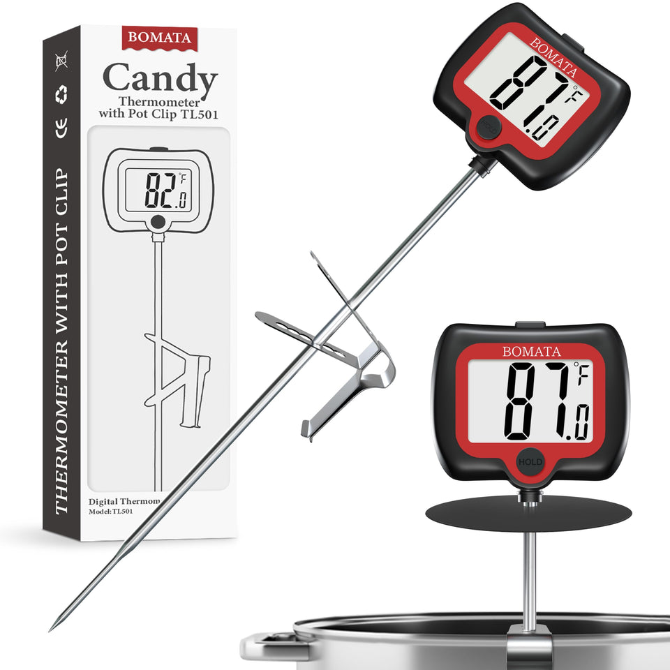 BOMATA digital candy thermometer with pot clip for hands-free candy making.
