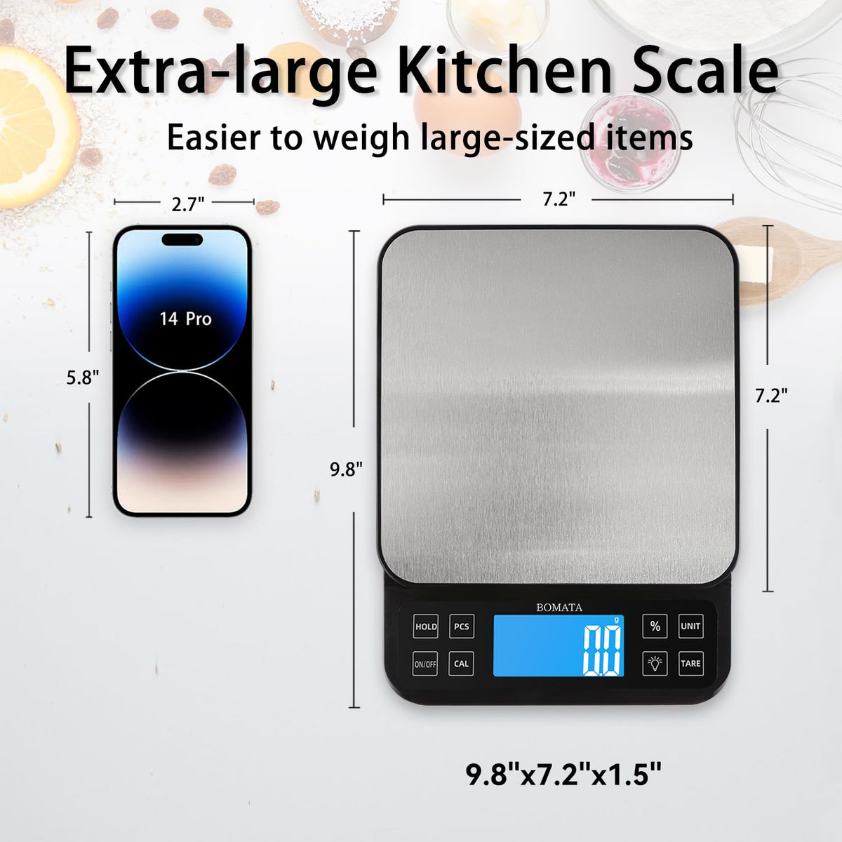 BOMATA scale with hold function demonstrates easy weighing of oversized items.